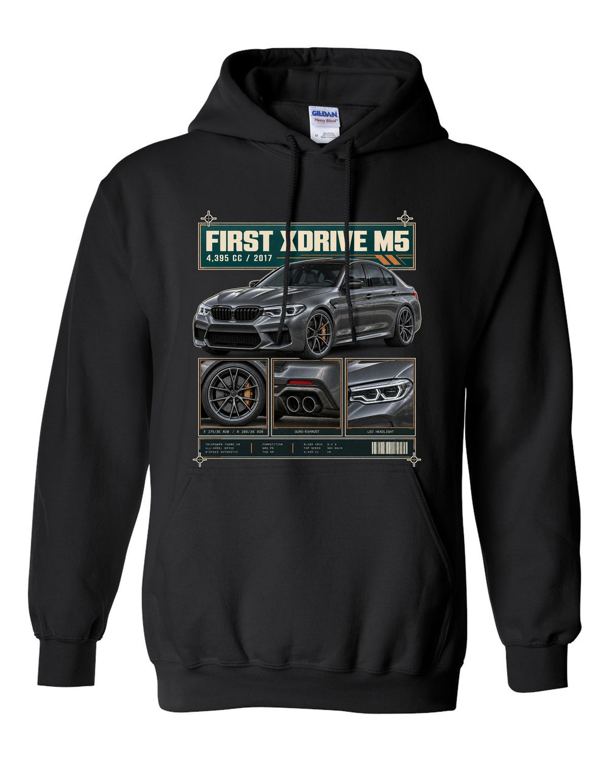 BMW M5 F90 Competition dossier panel print on a tee black pull over hoodie front view with the design