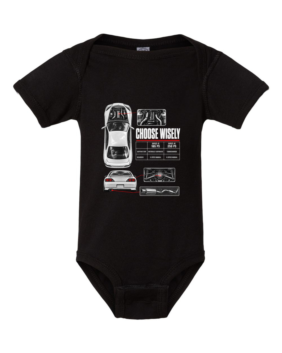 Spec poster of a Nissan Silvia S15 comparing Spec-S 165 PS and Spec-R 250 PS with Choose Wisely lettering black baby onesie front view with the design