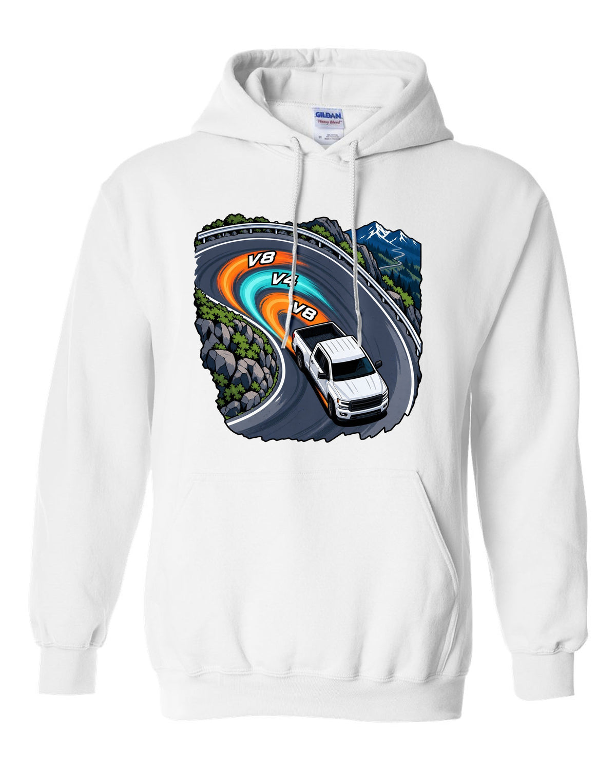 Cel-shaded anime night touge print of a 2007-2013 Chevrolet Silverado GMT900 with V8 V4 V8 text white pull over hoodie front view with the design