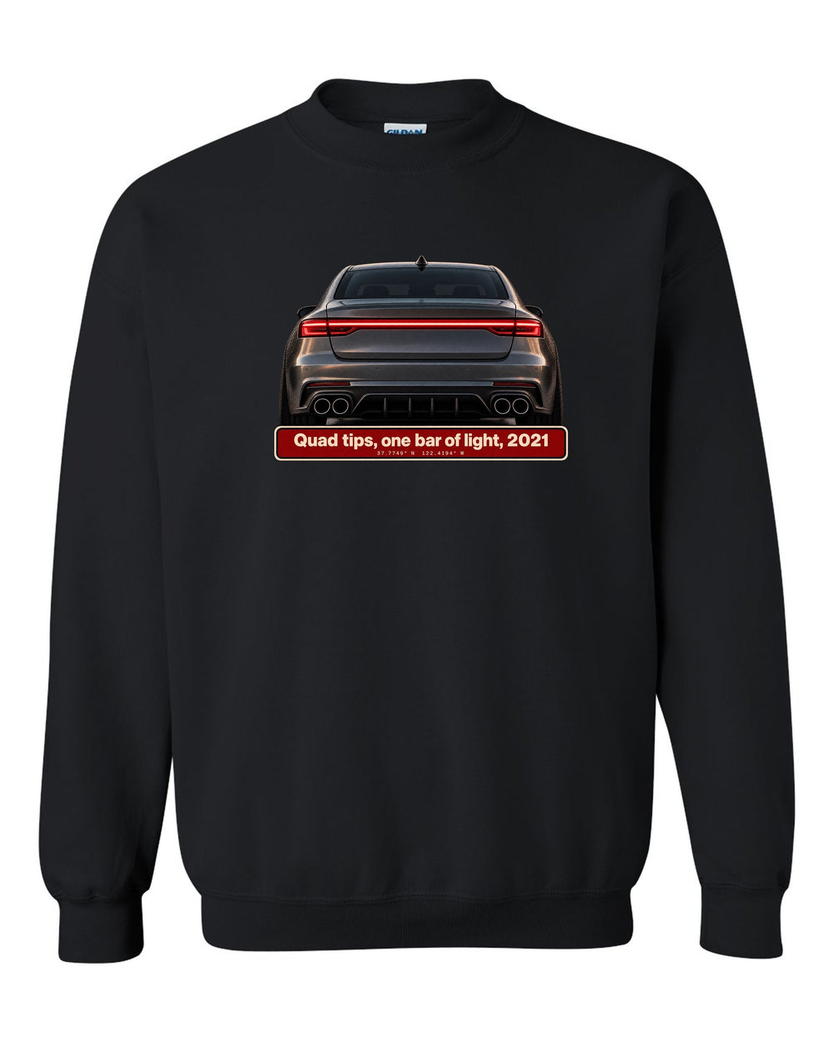 Acura TLX Type S taillight and quad exhaust tips macro print black crewneck front view with the design