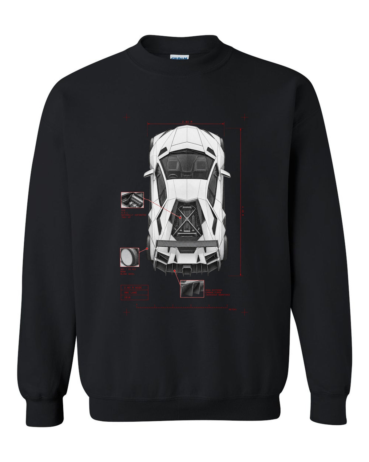 Lamborghini Aventador S LP740-4 spec poster print reading 2.03 M wide, one lane, 2016 black crewneck front view with the design