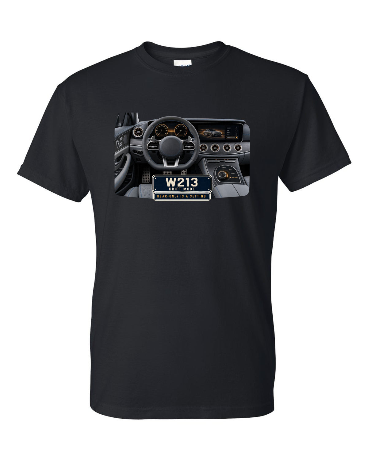 Cockpit and gauge print of a Mercedes-AMG E63 S W213 interior with drift mode black t-shirt front view with the design