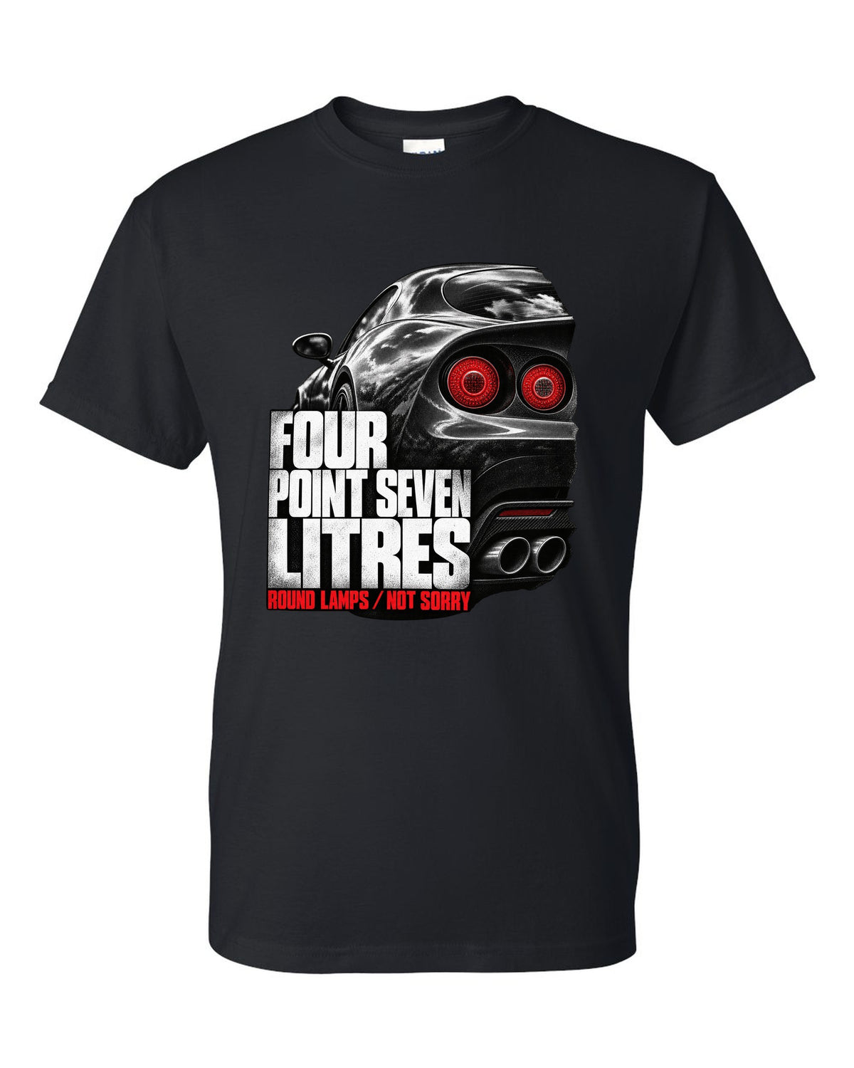 Tail lamp macro print of an Alfa Romeo 8C Competizione with four point seven litres text black t-shirt front view with the design