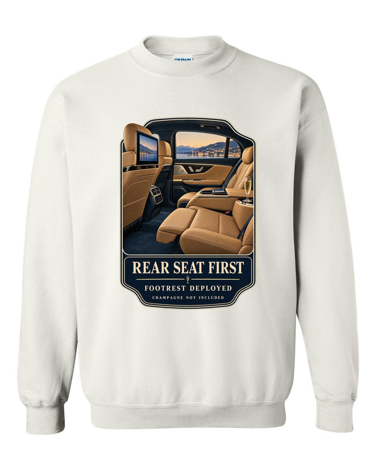 print of the Mercedes-Maybach S680 rear executive cabin with footrest deployed white crewneck front view with the design