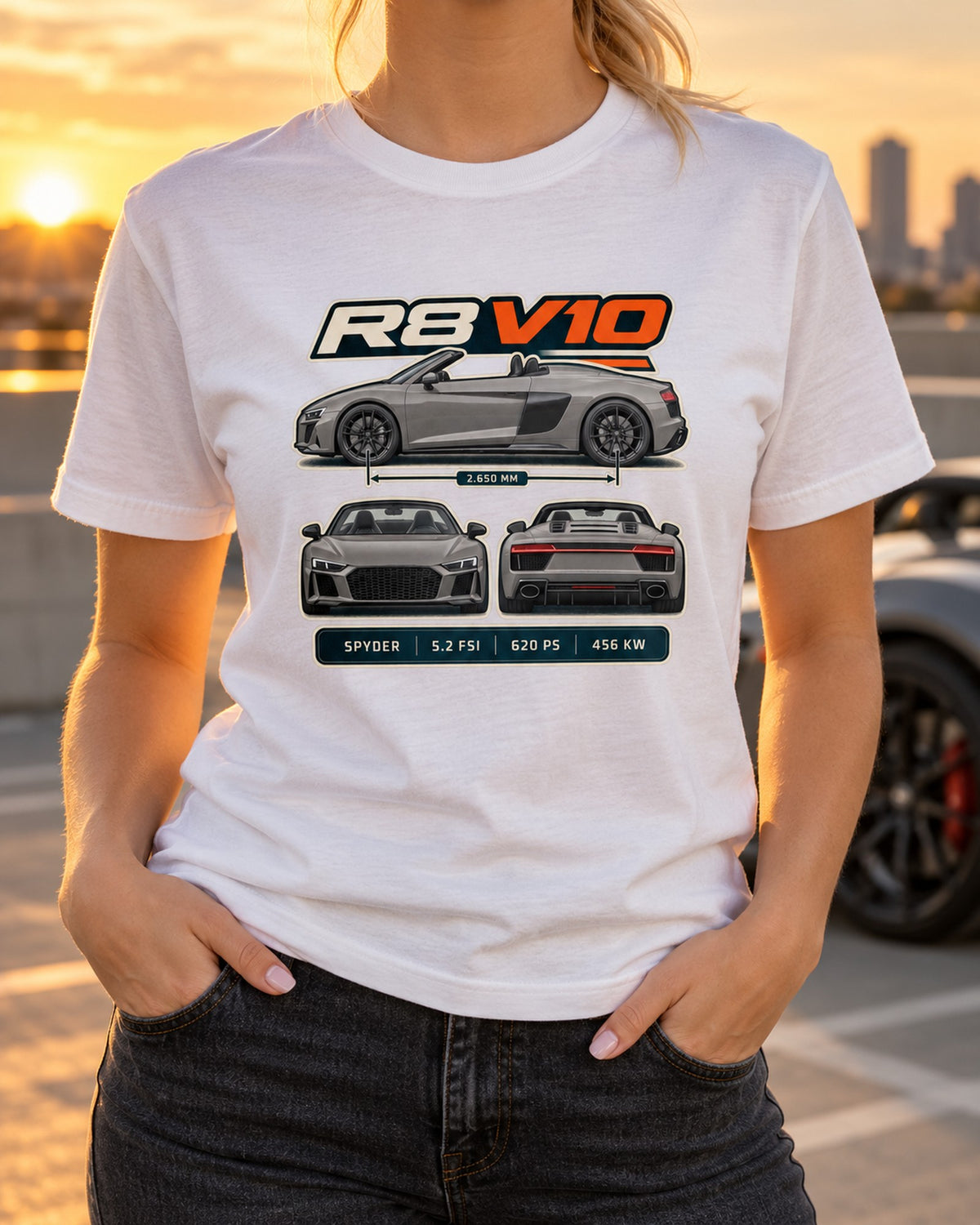 Audi R8 Spyder V10 Performance Three-View Spec Table Shirt T-Shirt White worn hero