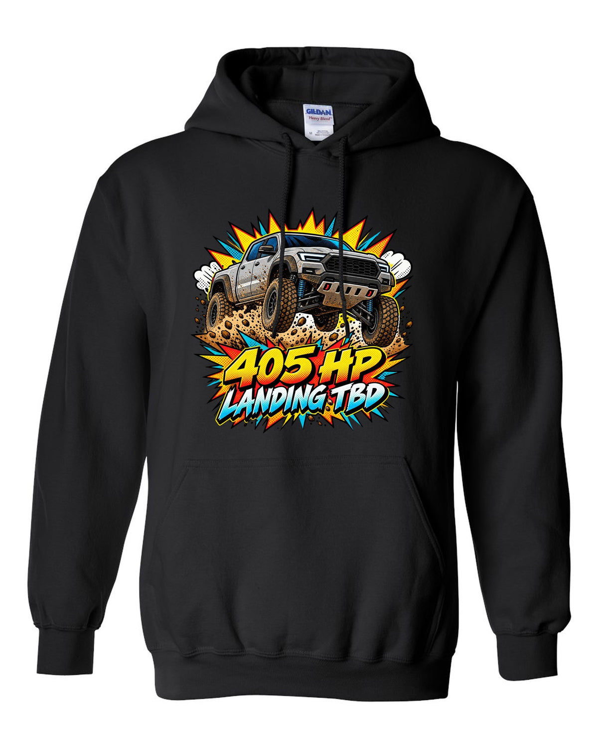 Ford Ranger Raptor P703 mid-jump in a comic pop-art burst print black pull over hoodie front view with the design