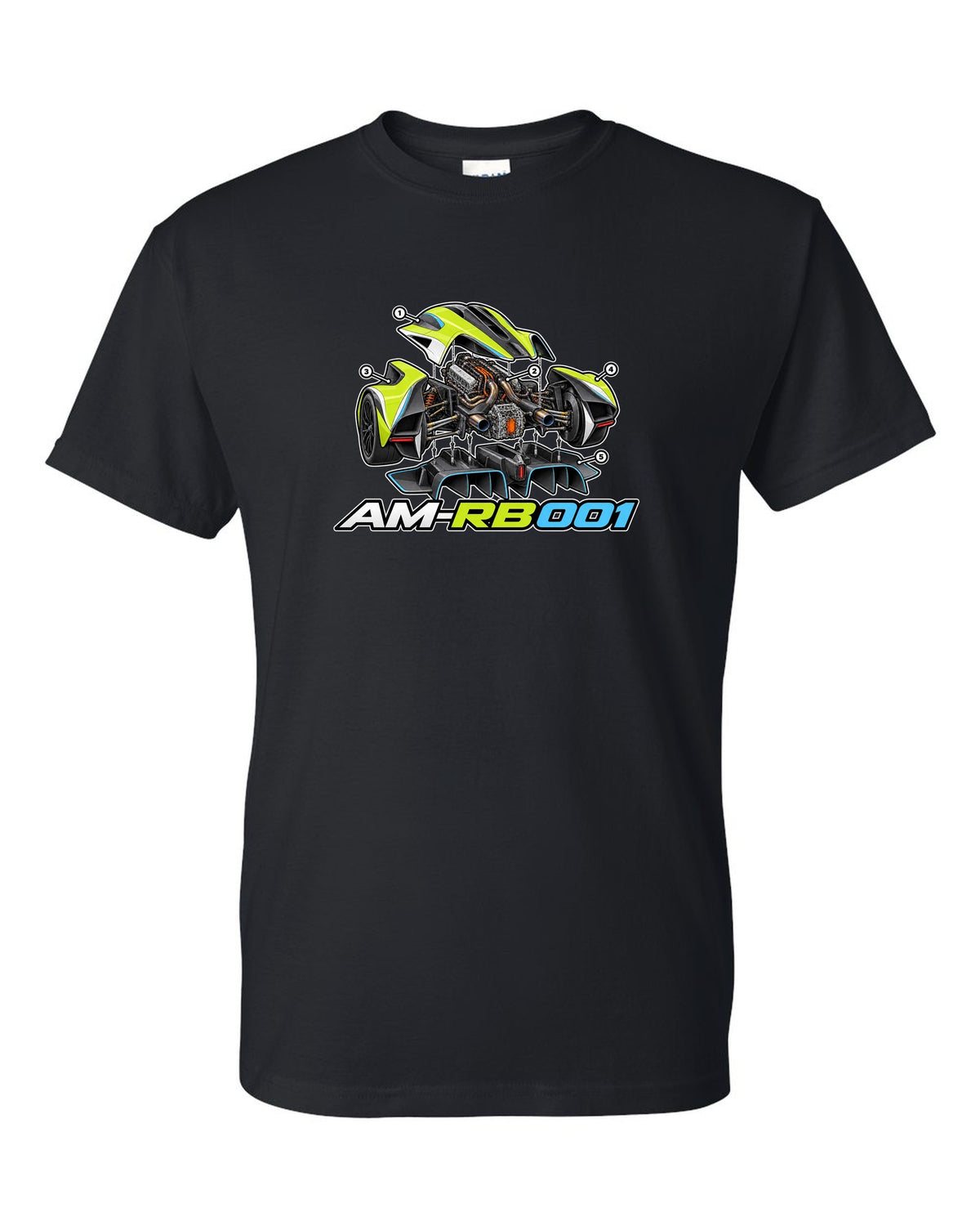 Aston Martin Valkyrie exploded isometric cutaway labelled AM-RB 001 black t-shirt front view with the design