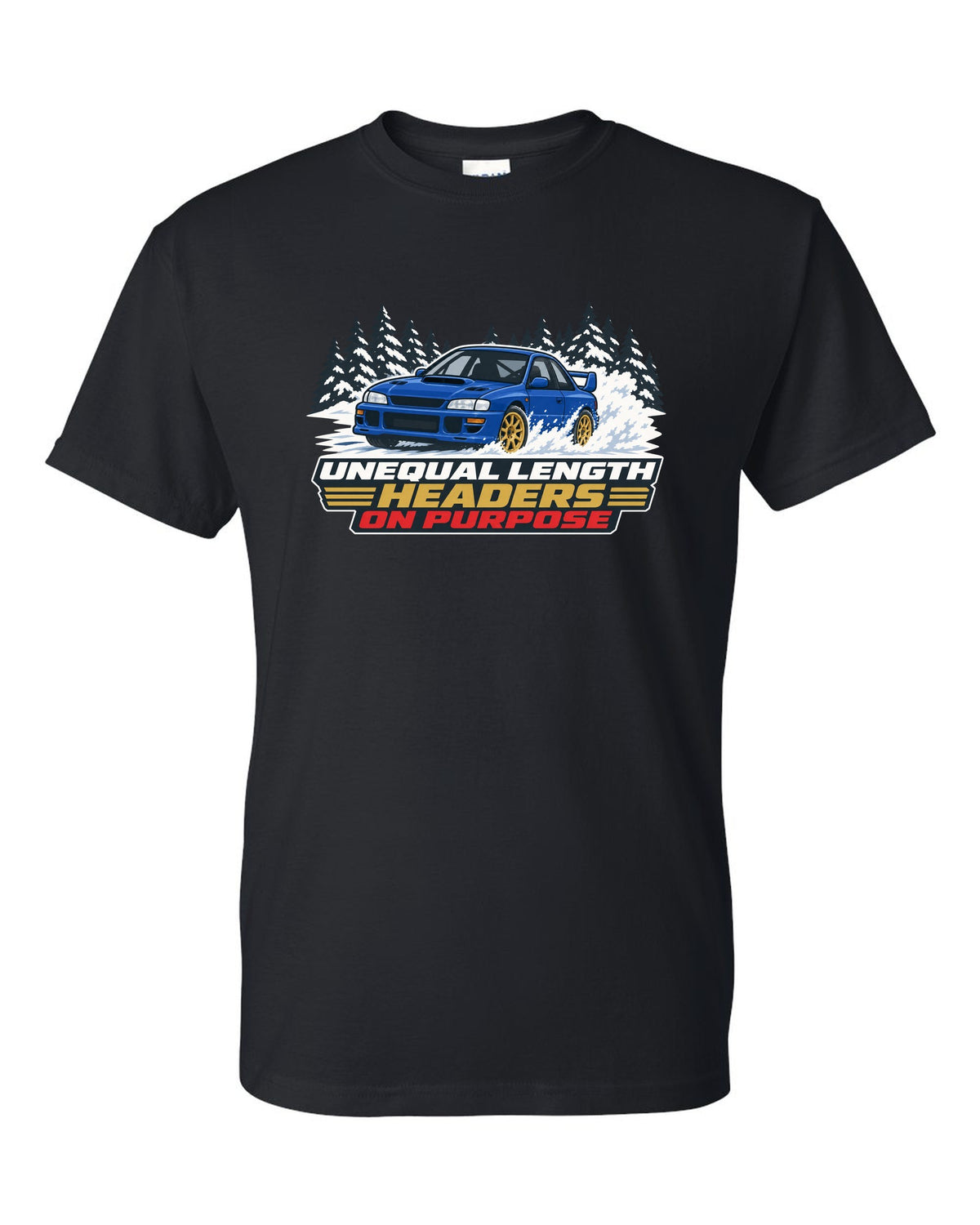 Flat vector print of a Subaru Impreza WRX STI GC8 with unequal length headers on purpose lettering black t-shirt front view with the design