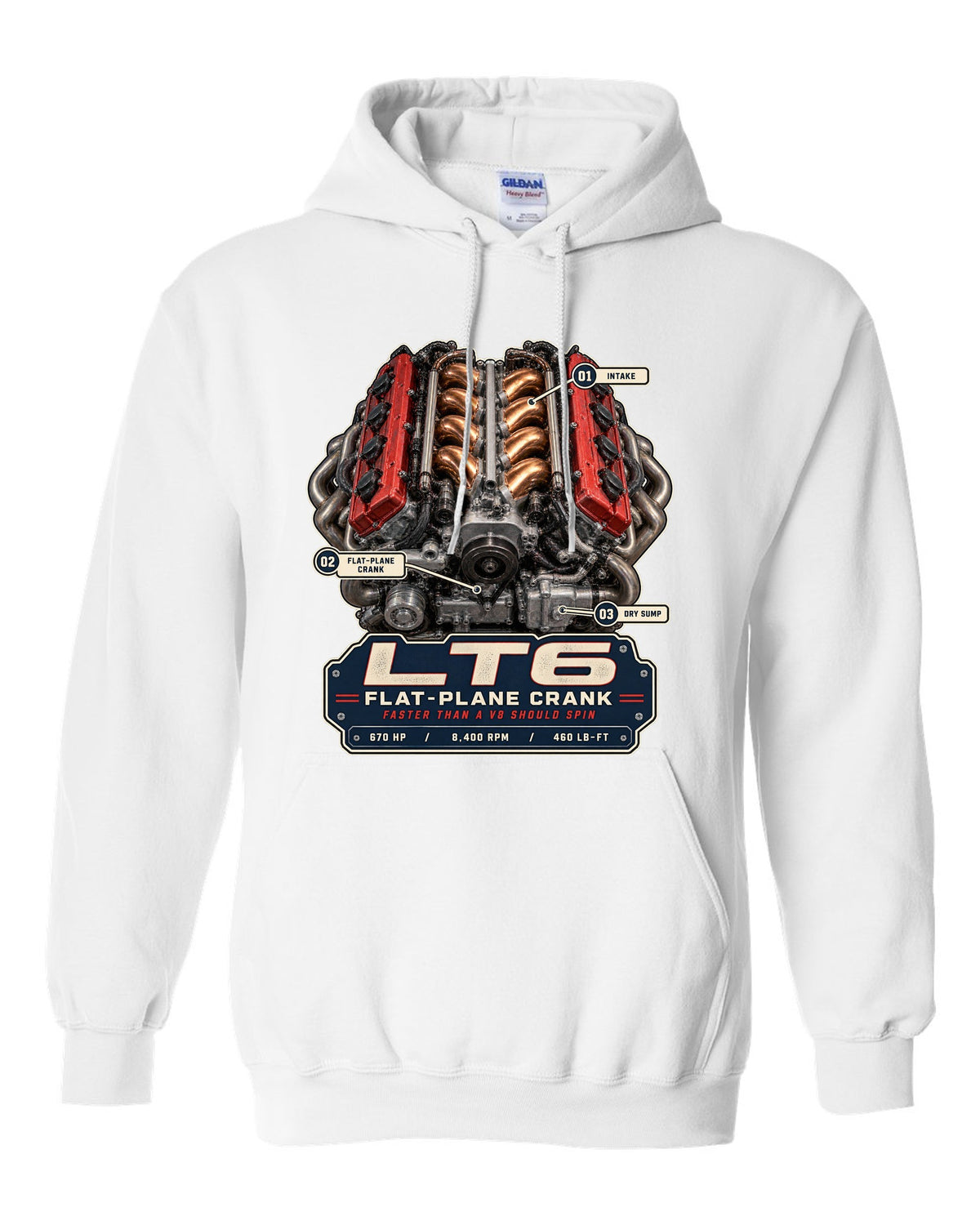 Engine hero print of the LT6 flat-plane V8 in a Chevrolet Corvette C8 Z06 white pull over hoodie front view with the design
