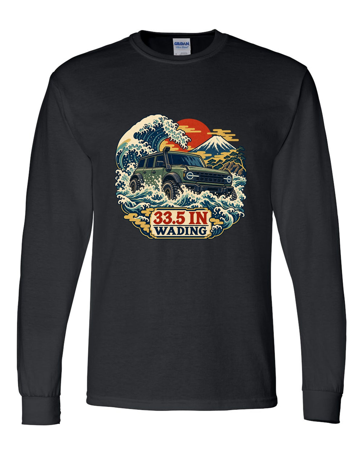Ford Bronco 6G four-door with snorkel wading a wave in an ukiyo-e print black long sleeve front view with the design