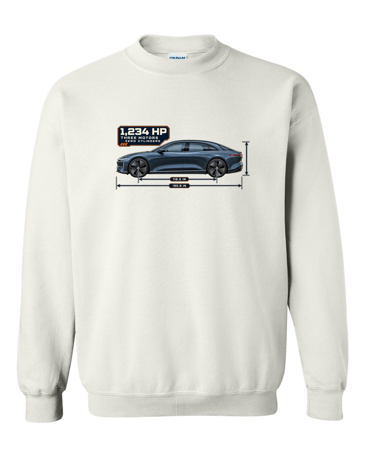 Dimension blueprint print of a Lucid Air Sapphire 2023 white crewneck front view with the design
