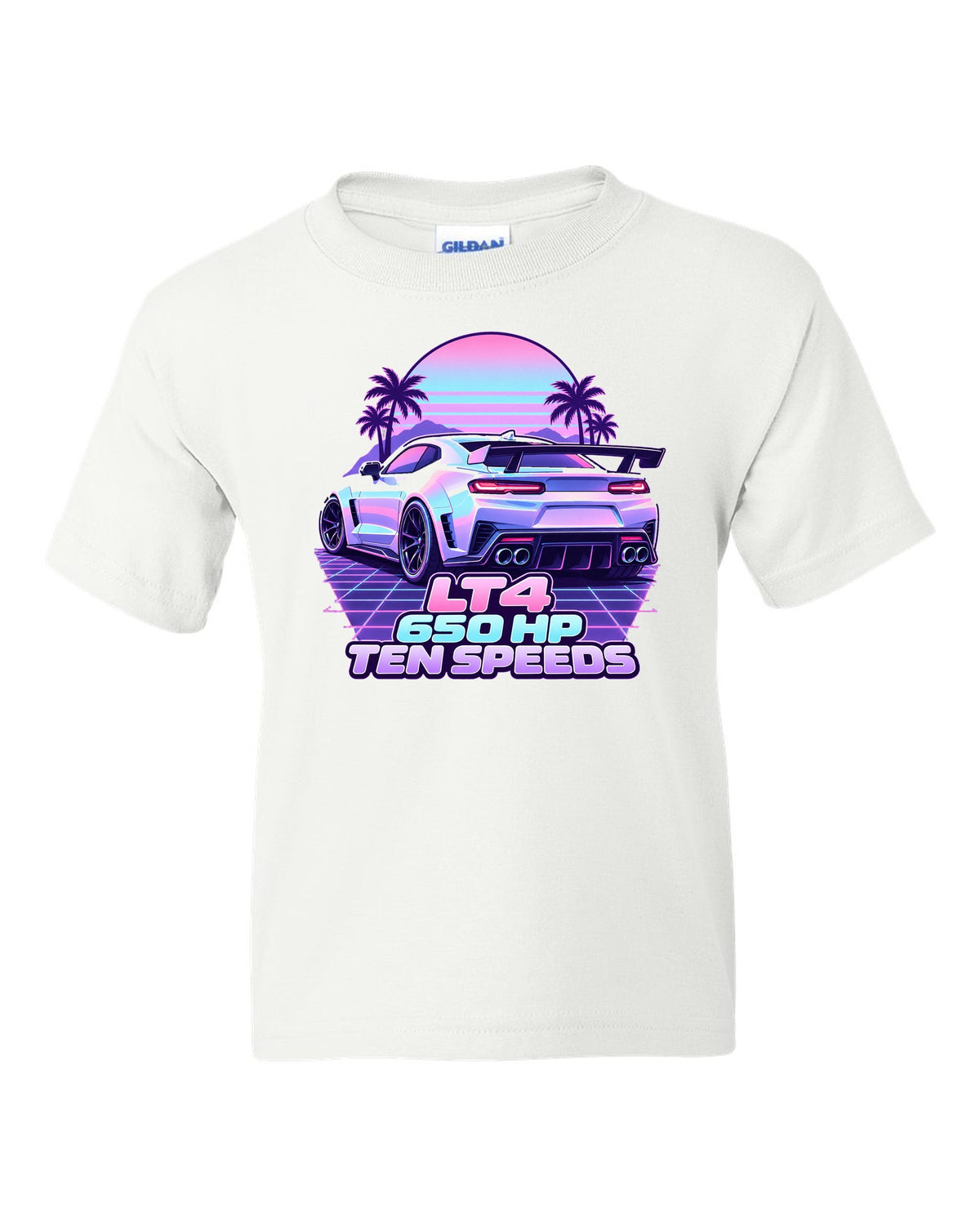 2019 Chevrolet Camaro ZL1 LT4 vaporwave pastel print with 650 HP text white kids tee front view with the design