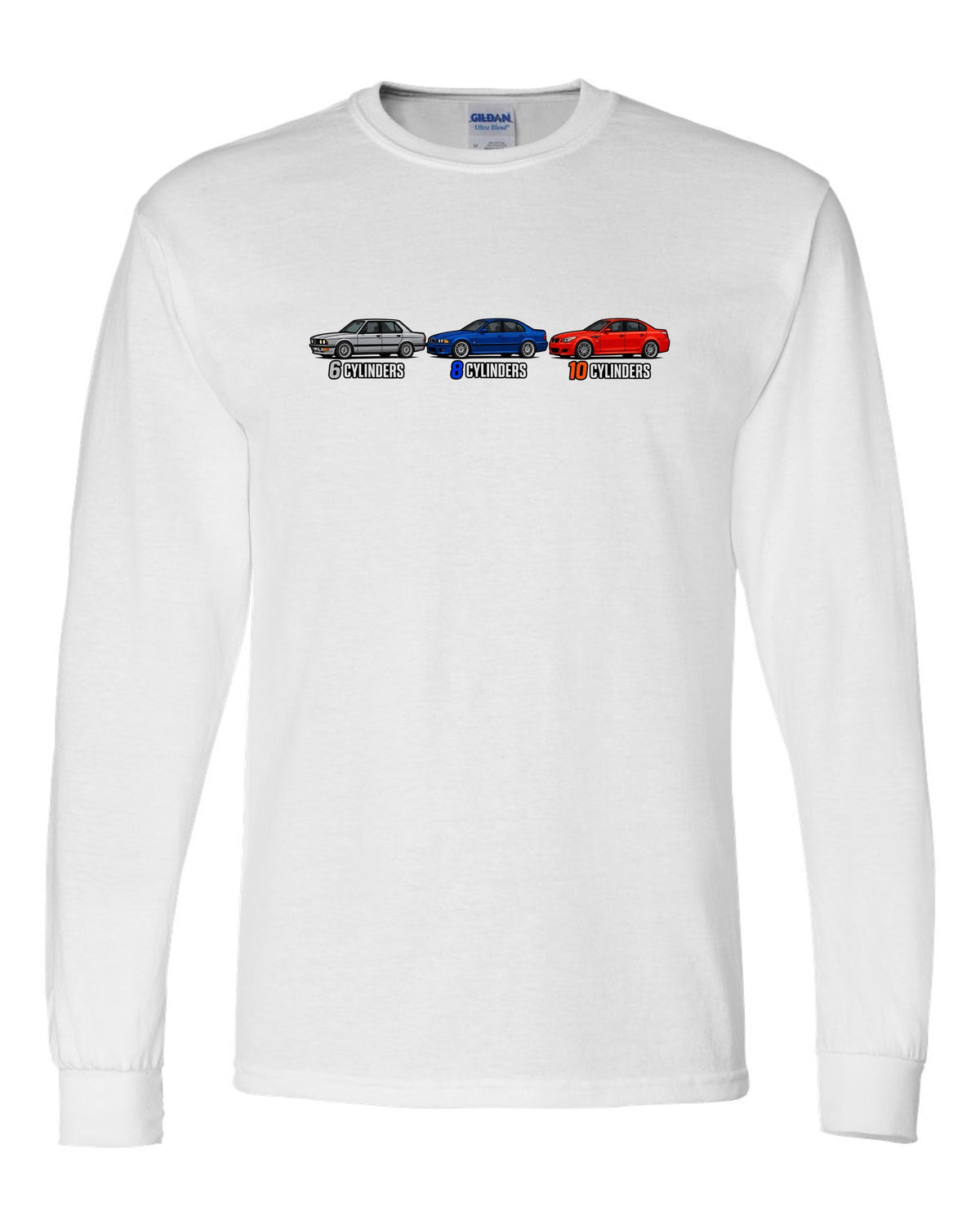 Generation lineup print of the BMW M5 E28, E39 and E60 with 6, 8 and 10 cylinders text white long sleeve front view with the design