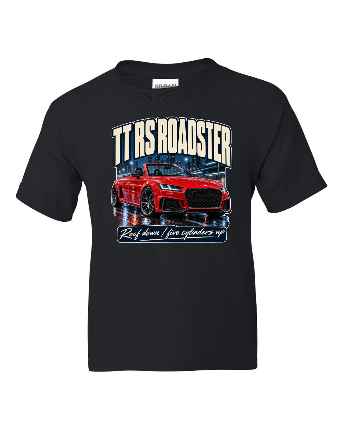 Audi TT RS Roadster 8S street poster print, roof down black kids tee front view with the design