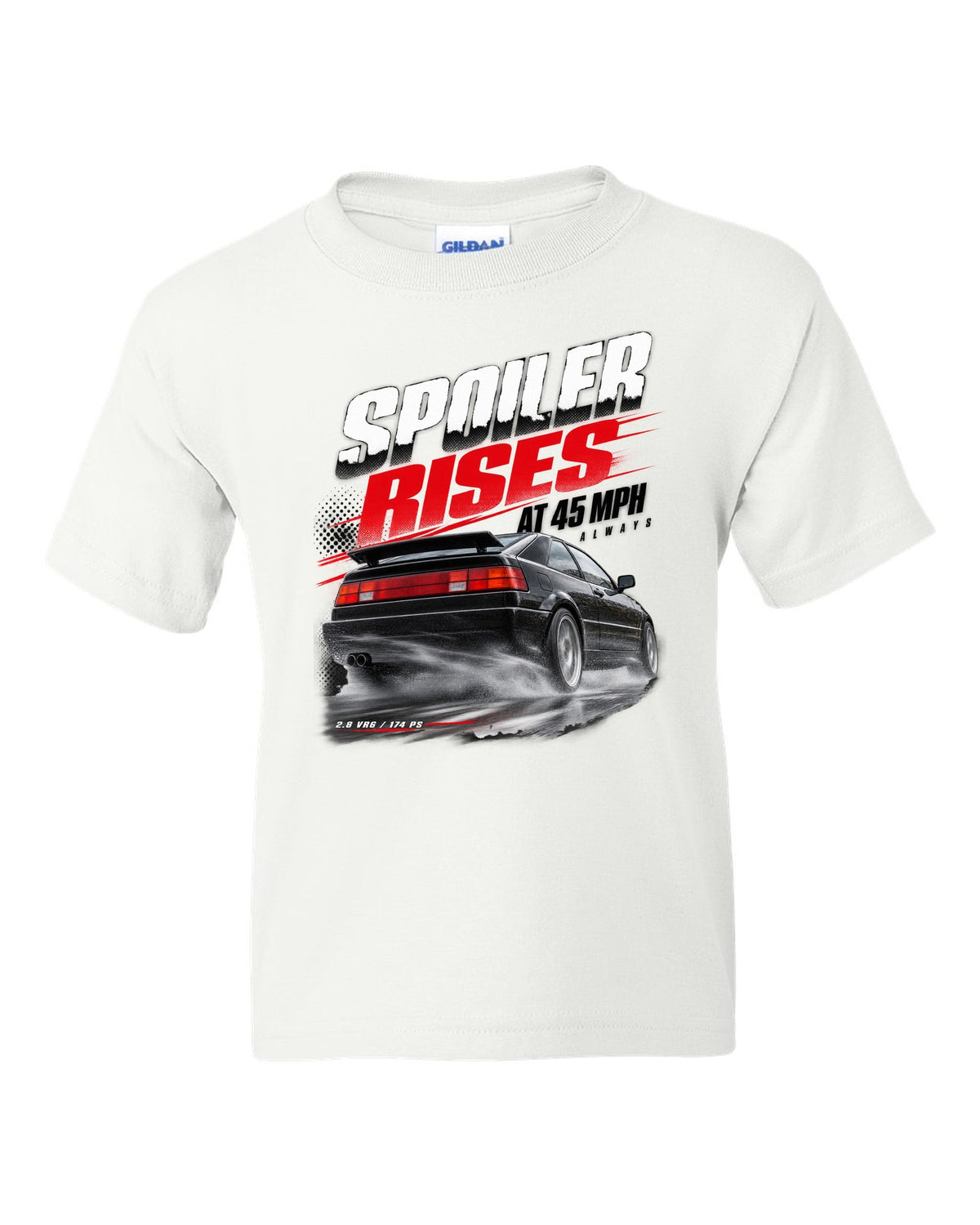 Race poster print of a VW Corrado VR6 rear three-quarter with spoiler rises at 45 mph text white kids tee front view with the design