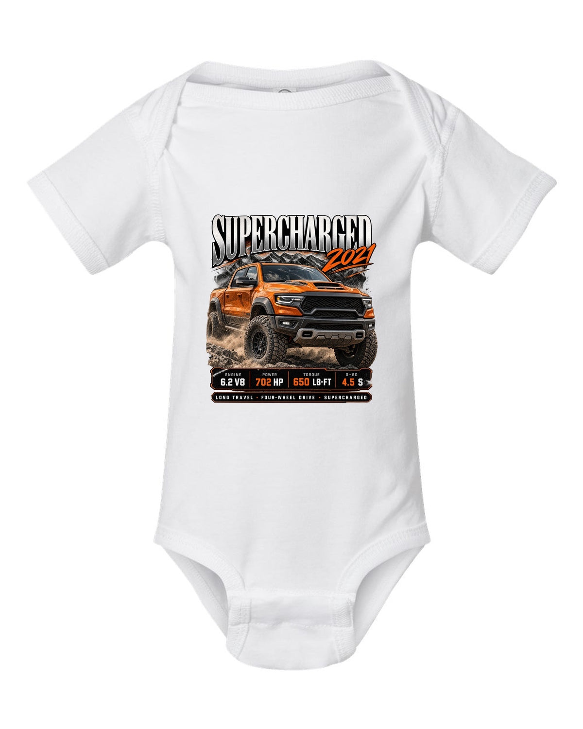Archive panel of a 2021 Ram 1500 TRX with 702 HP and 650 lb-ft supercharged white baby onesie front view with the design