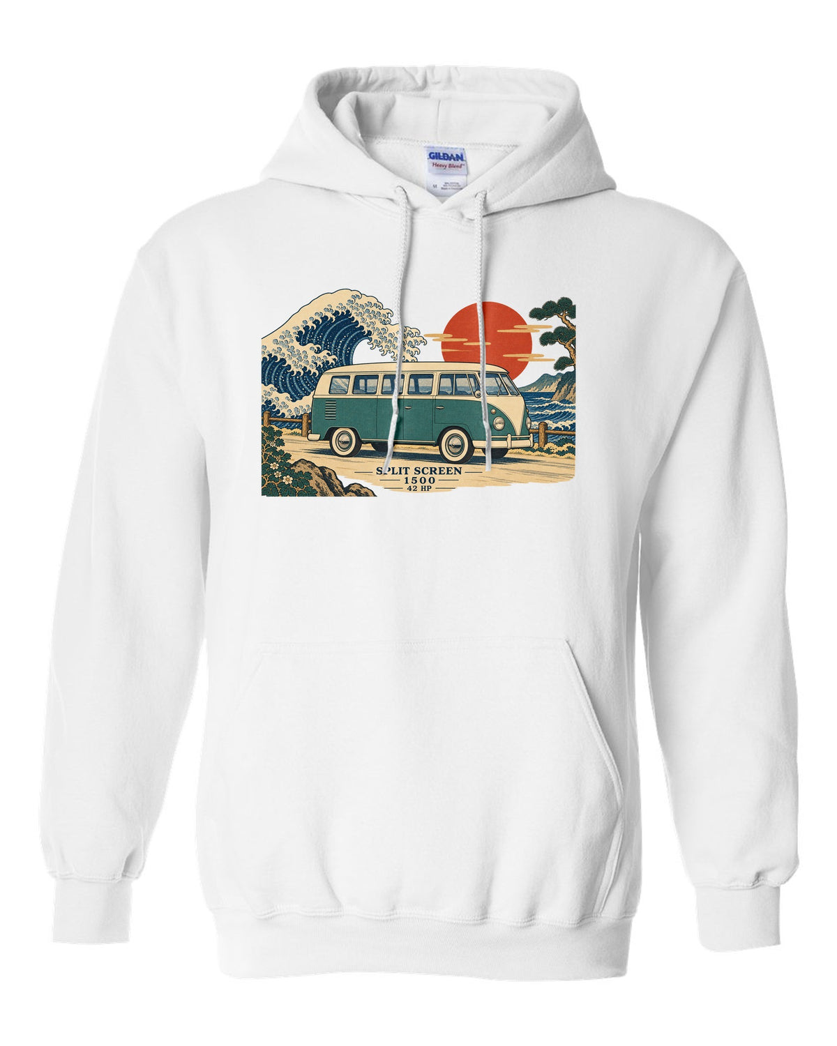 Ukiyo-e woodblock of a 1963 split-window VW Bus T1 with a wave and 42 HP lettering white pull over hoodie front view with the design