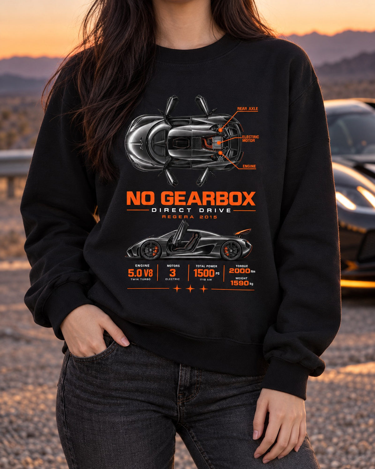 Koenigsegg Regera 2015 Direct Drive No Gearbox Spec Tee Crewneck Black worn hero