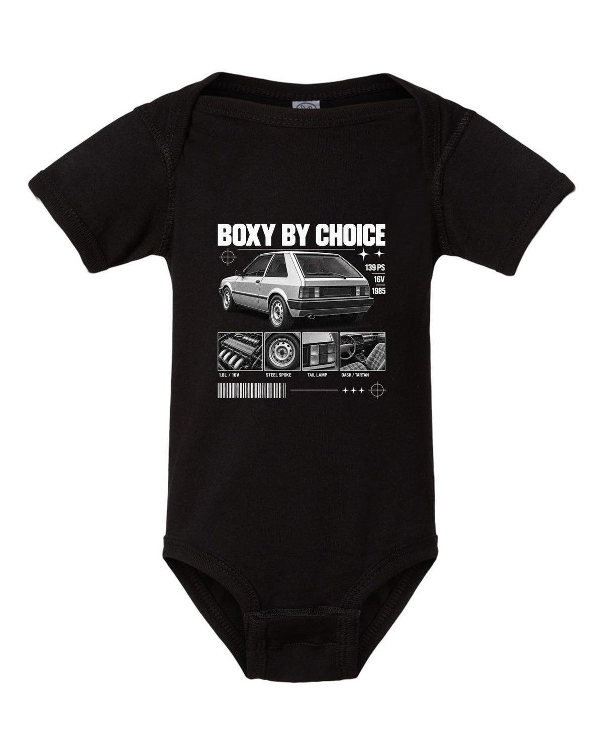 VW Golf Mk2 GTI 16V 1985 rear three-quarter in dossier panels with 139 PS text black baby onesie front view with the design