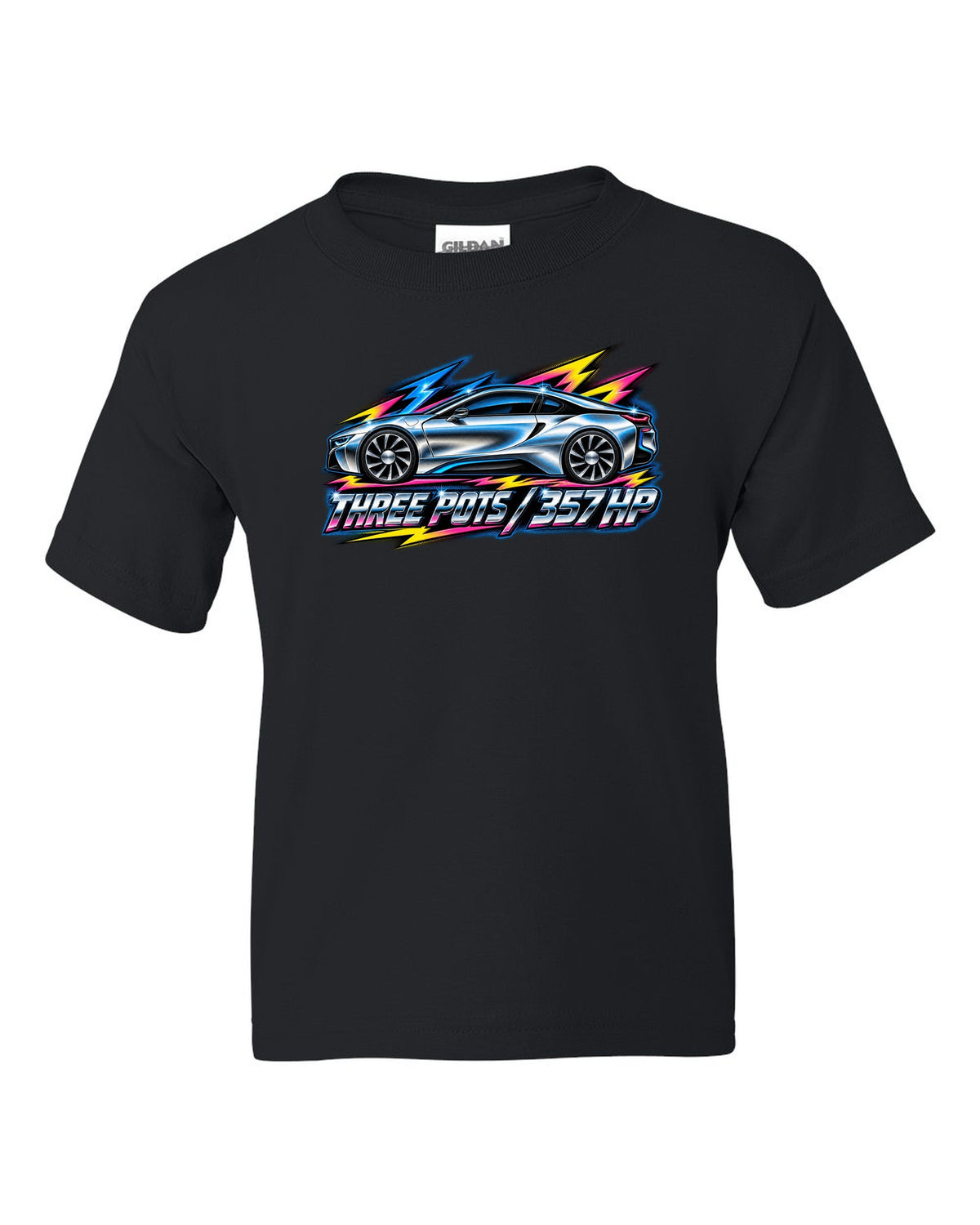 BMW i8 I12 80s airbrush chrome print with three pots 357 HP text black kids tee front view with the design