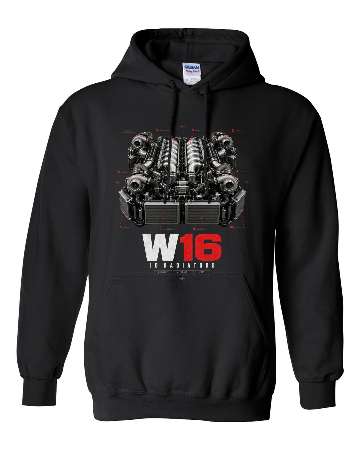 Bugatti Veyron 16.4 W16 engine poster with ten radiators black pull over hoodie front view with the design