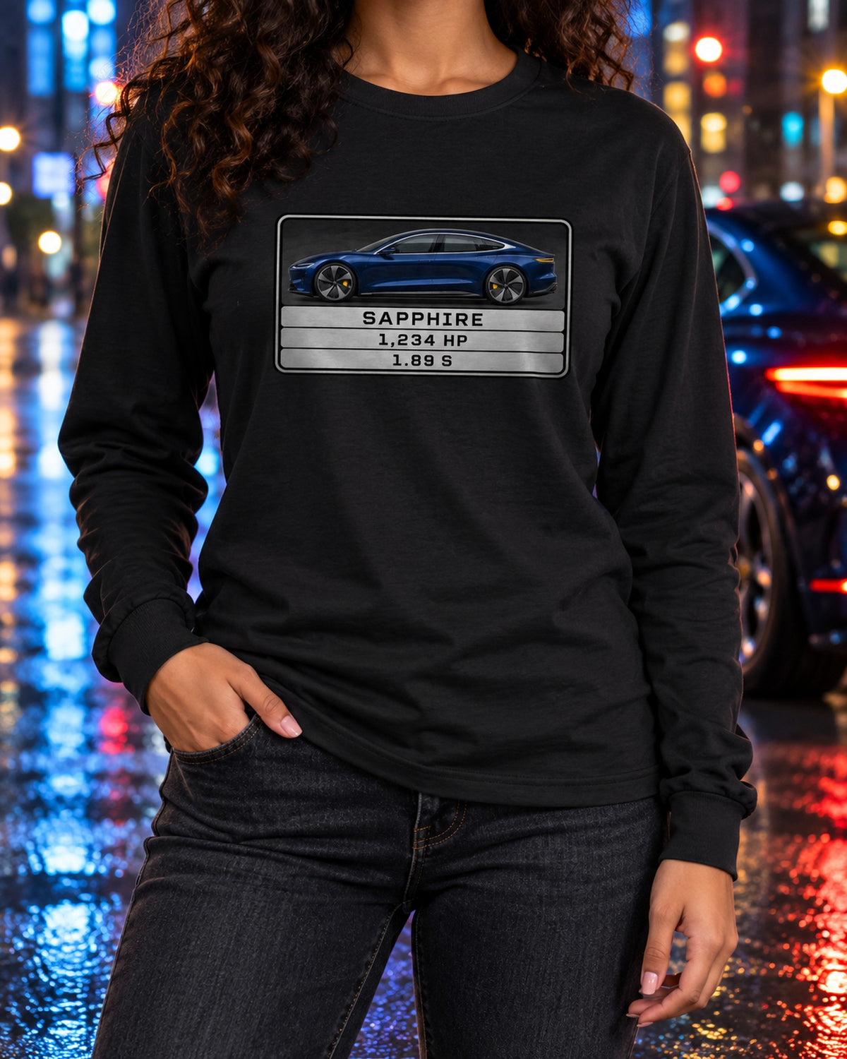 Lucid Air Sapphire Spec Plate Shirt, Monospace Data Print Long Sleeve Black worn hero