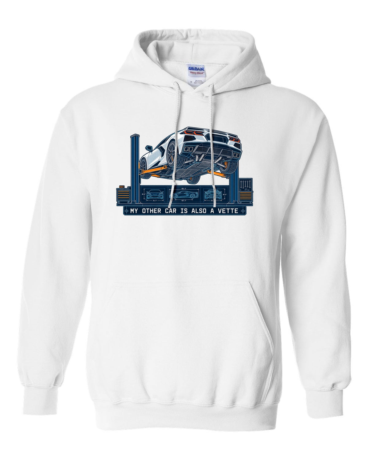 Blueprint line art of a 2020 Chevrolet Corvette C8 Stingray on a workshop lift white pull over hoodie front view with the design