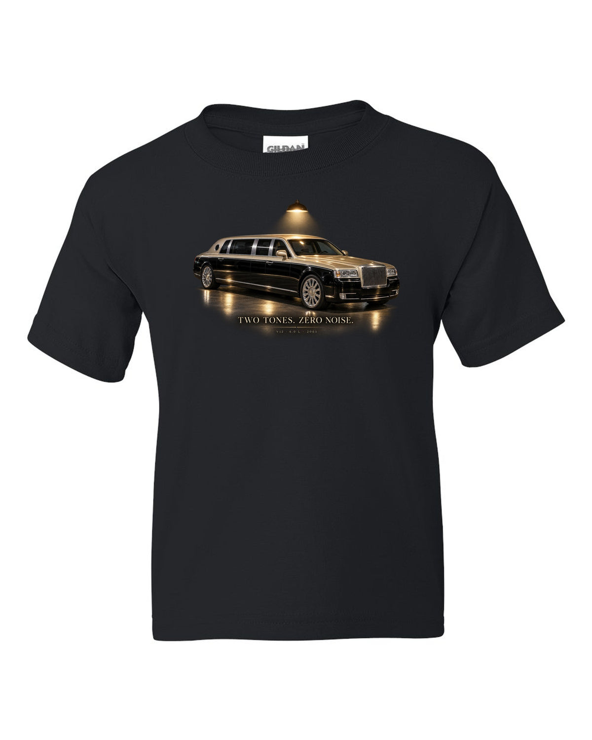 Garage night print of a Maybach 57 S W240 with Two Tones Zero Noise lettering black kids tee front view with the design