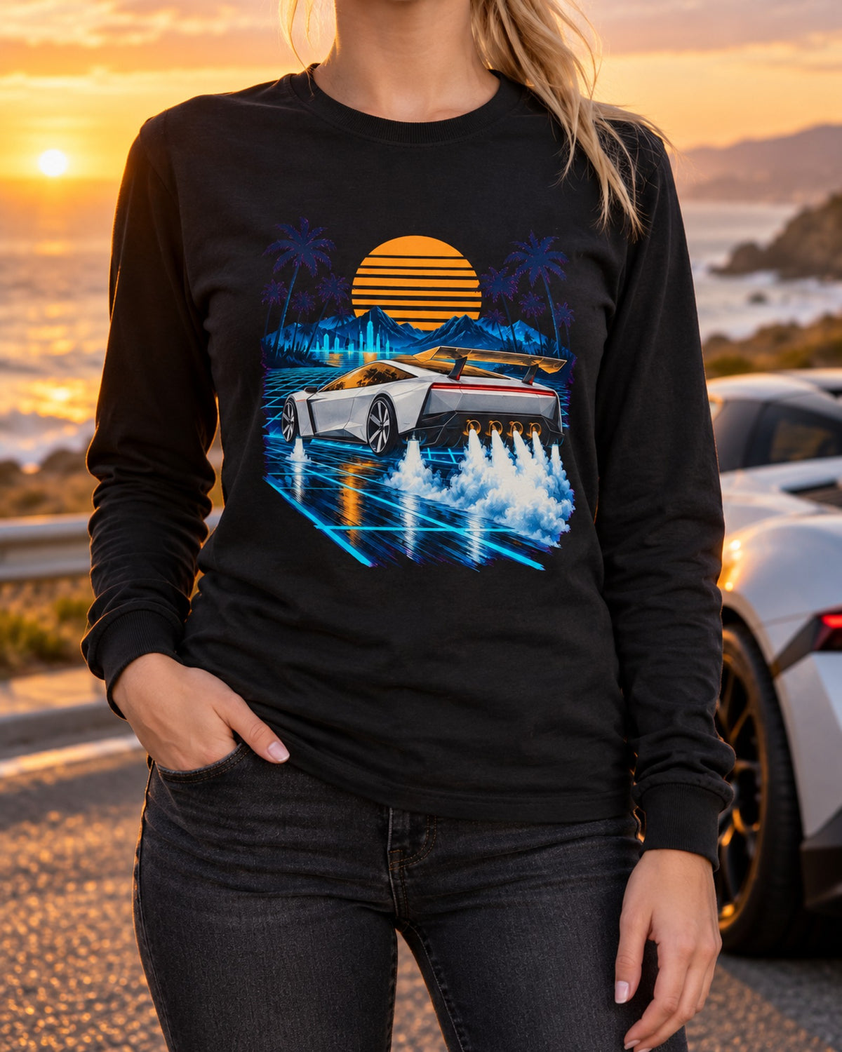 Tesla Roadster Synthwave Shirt, Hoodie & More Long Sleeve Black worn hero