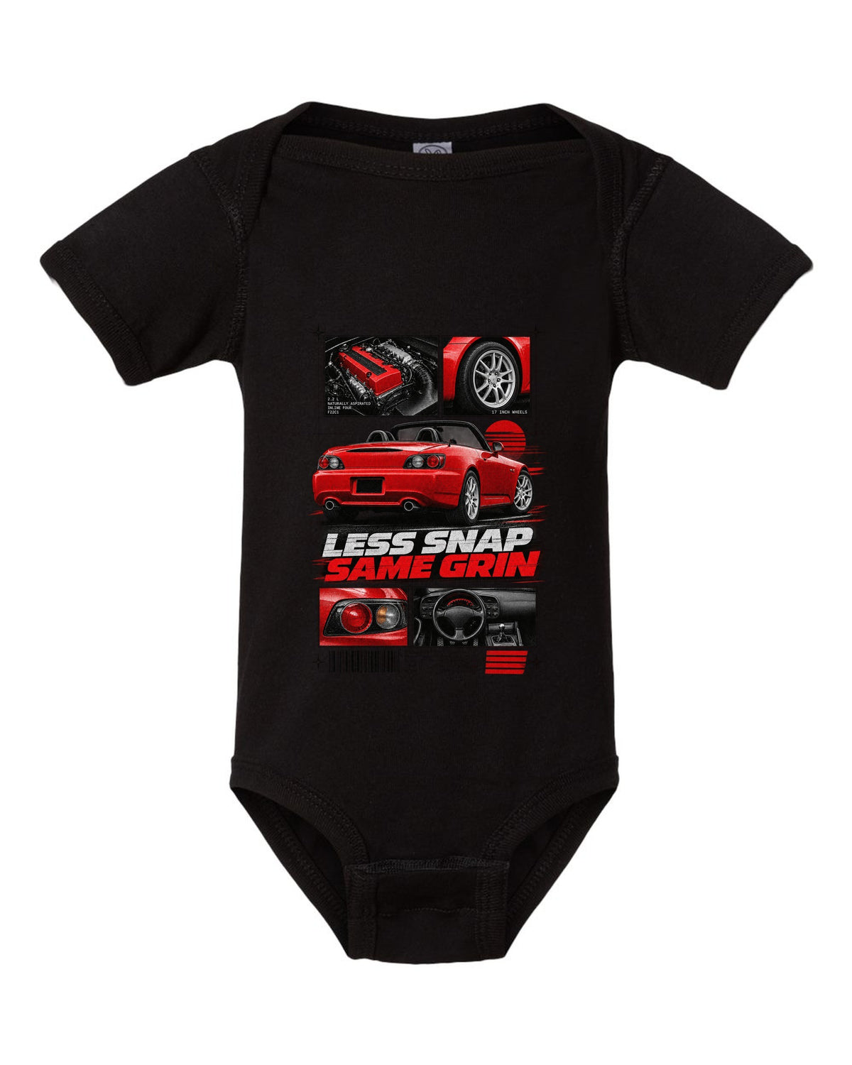 Honda S2000 AP2 roadster dossier panels design with 17 inch wheels less snap same grin text black baby onesie front view with the design