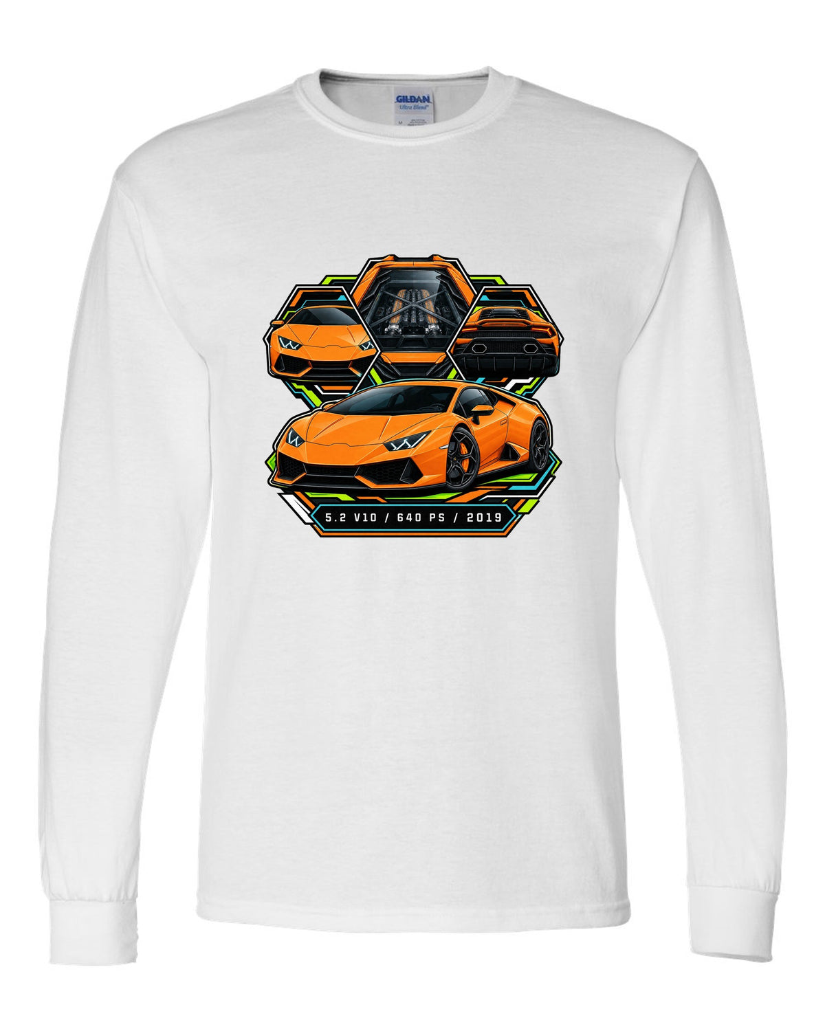 Spec-sheet data plate with a Lamborghini Huracan Evo LP640-4 and text 5.2 V10 / 640 PS / 2019 white long sleeve front view with the design