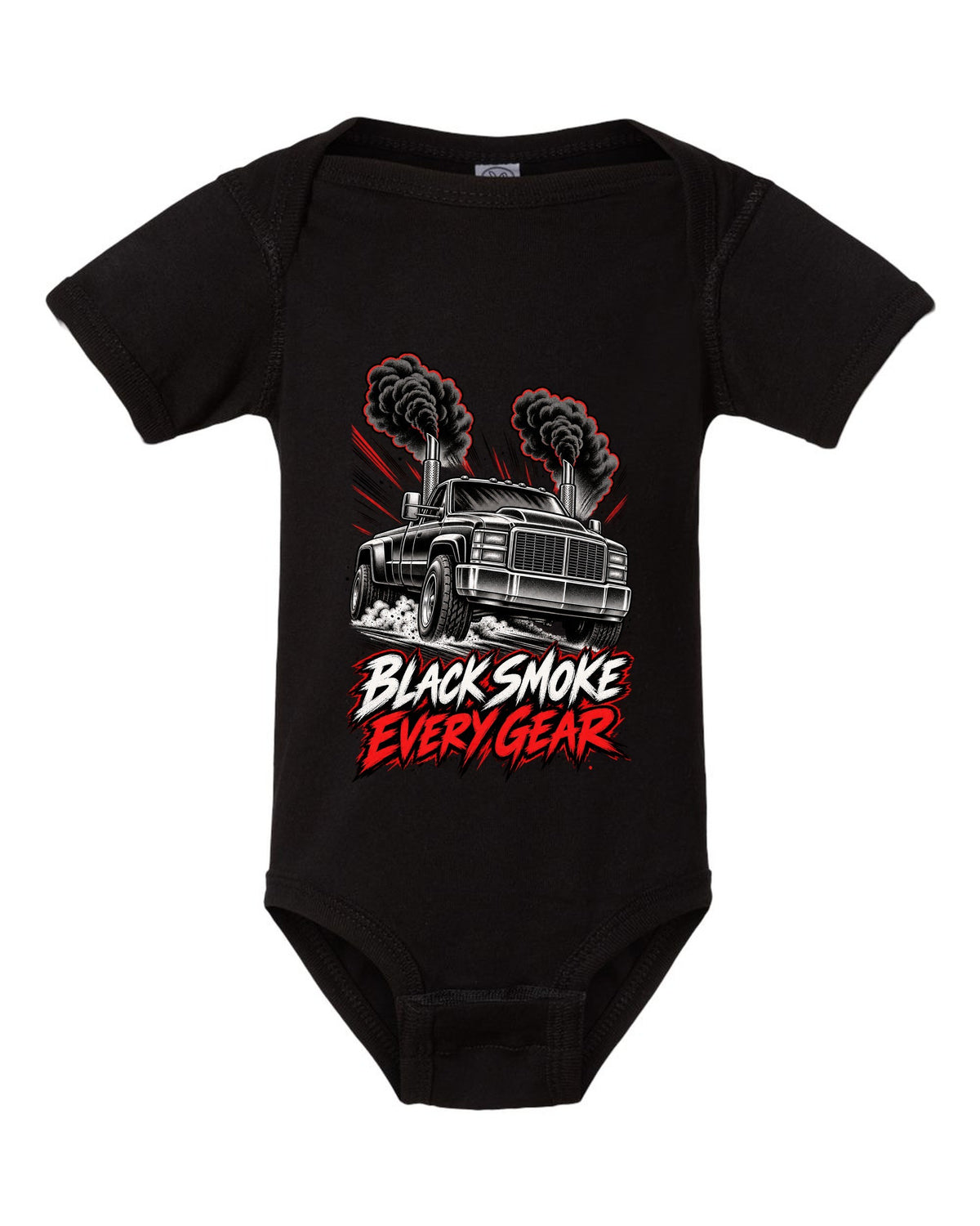Retro manga halftone panel print of a 1994-1998 Dodge Ram 2500 12V Cummins with black smoke black baby onesie front view with the design
