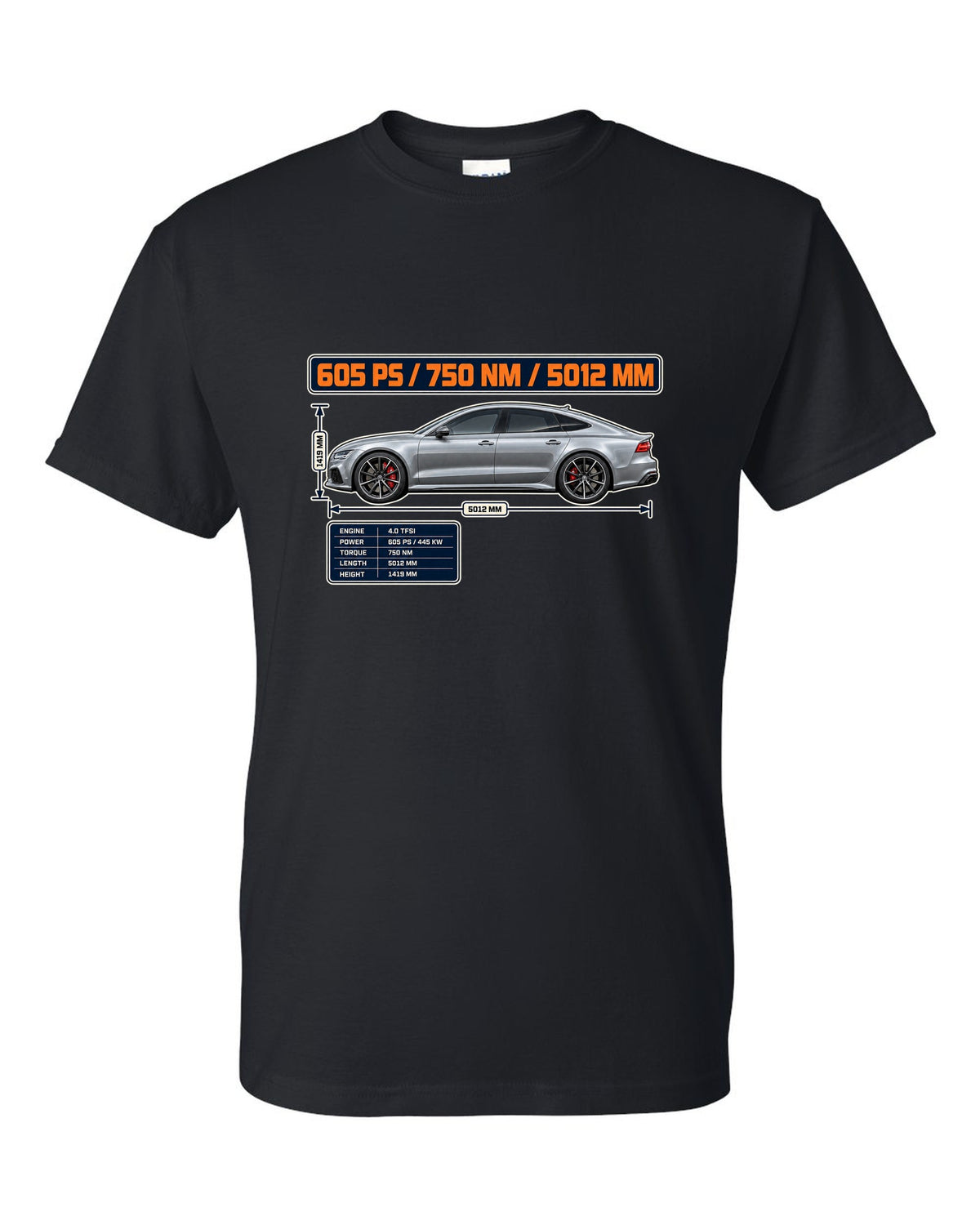 Audi RS7 Sportback performance C7 spec poster print black t-shirt front view with the design