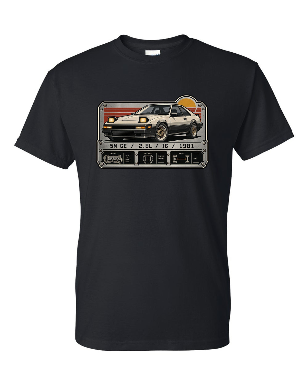 Spec-sheet data plate for the Toyota Supra A60 MA61 5M-GE 2.8L inline six black t-shirt front view with the design