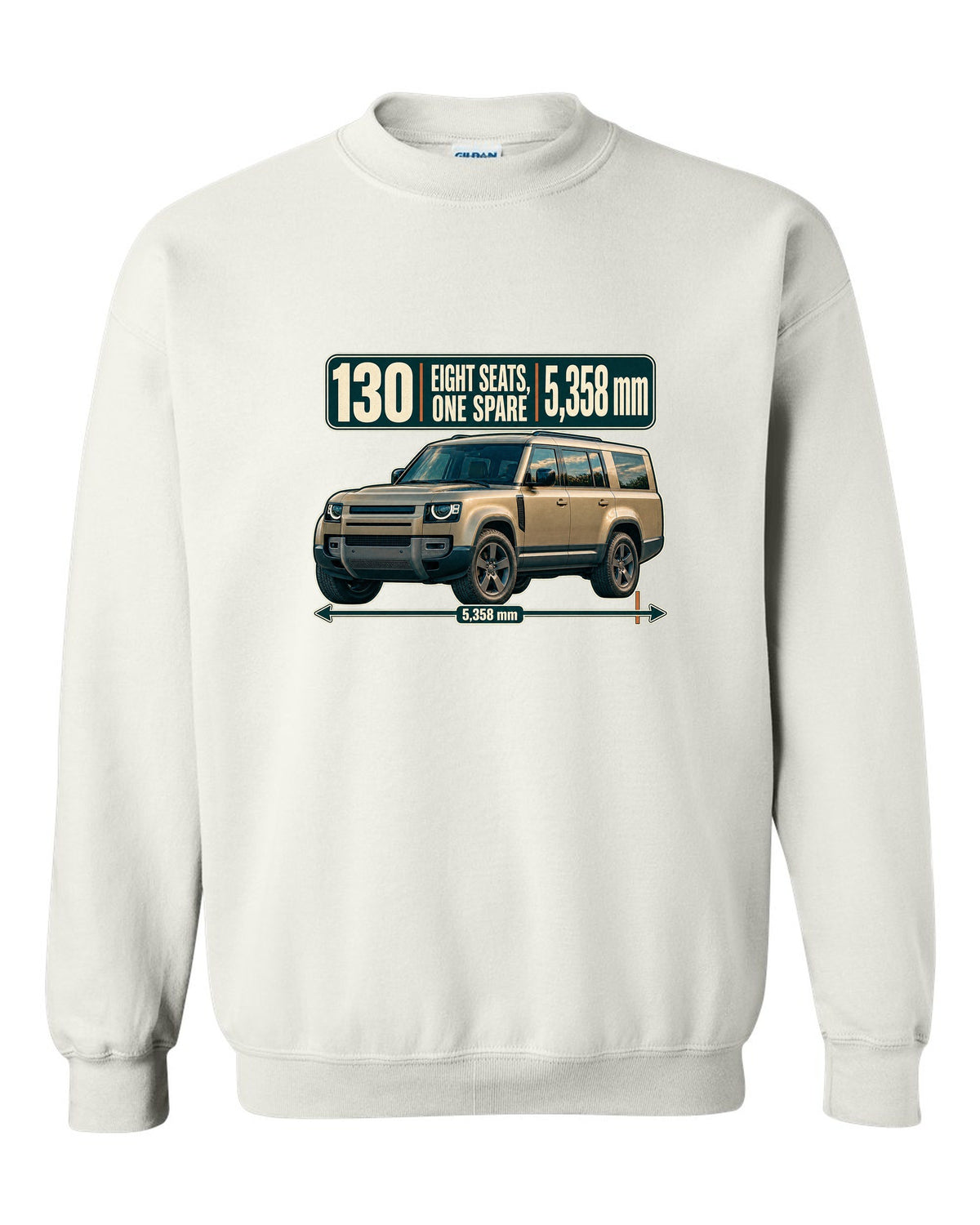 Editorial headline print for the Land Rover Defender 130 L663 with eight seats and length white crewneck front view with the design
