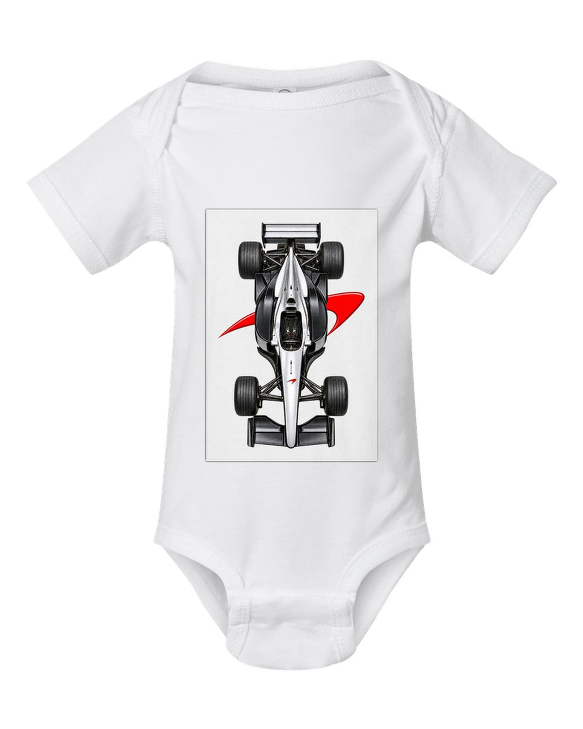 Mclaren MP4 13 1998 Formula 1 overhead poster artwork white baby onesie front view with the design