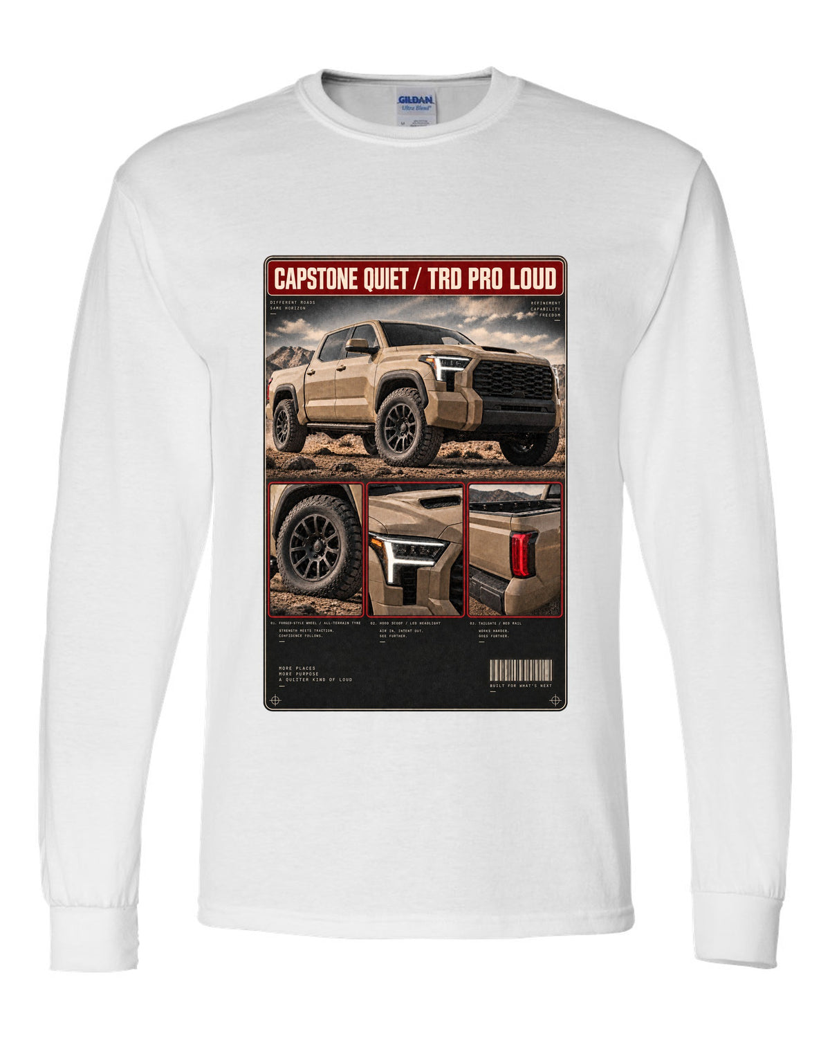 Toyota Tundra TRD Pro CrewMax dossier panel design white long sleeve front view with the design