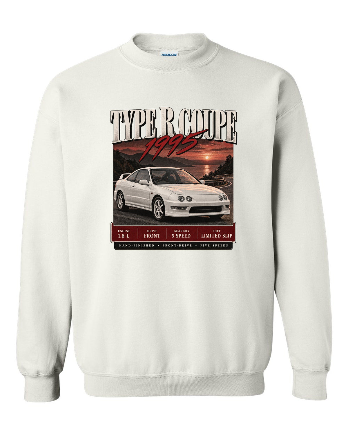 Honda Integra DC2 Type R coupe archive panel design labelled The Teg white crewneck front view with the design