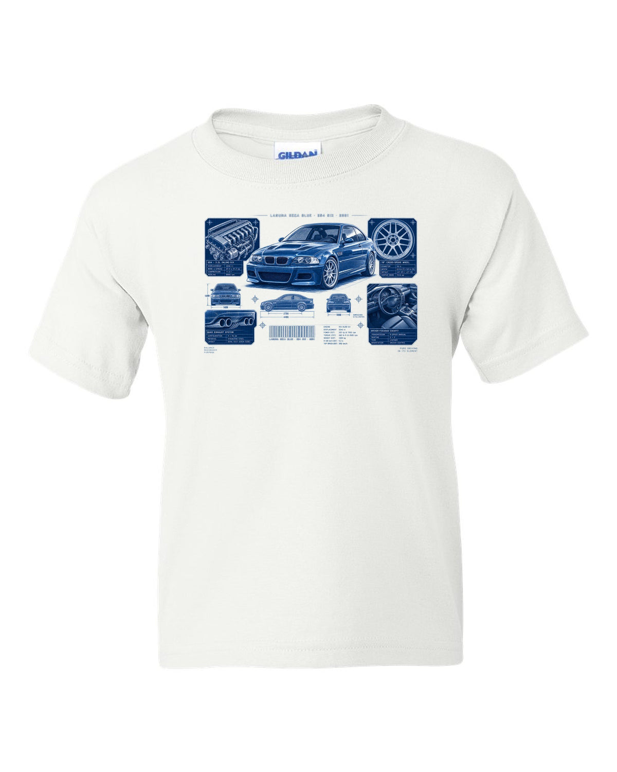 BMW E46 M3 coupe dossier panel print with Laguna Seca Blue S54 six and 2001 text white kids tee front view with the design