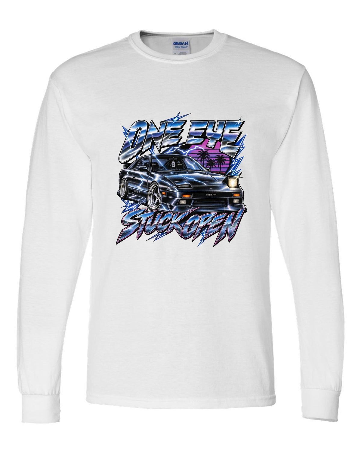 80s airbrush chrome print of a Nissan 180SX S13 ch with one eye stuck open text white long sleeve front view with the design