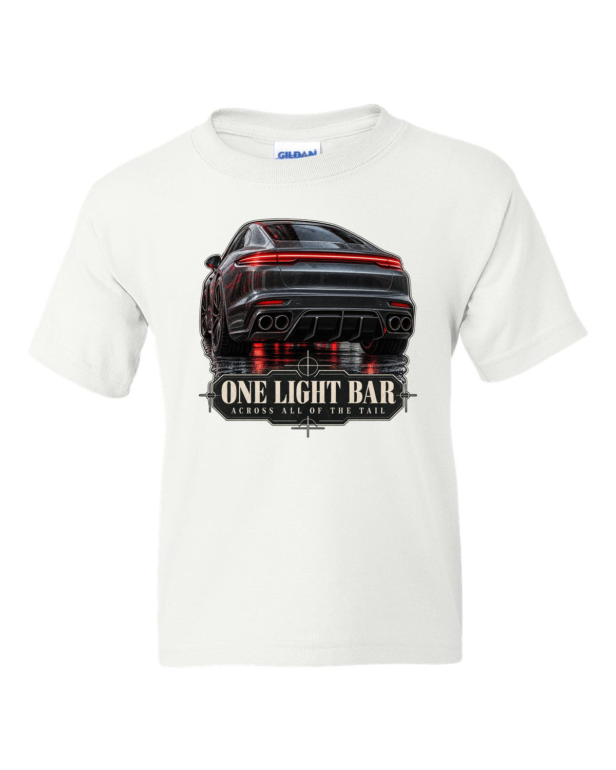 Close crop print of the full-width taillight bar on a Porsche Panamera Turbo S E-Hybrid G3 white kids tee front view with the design