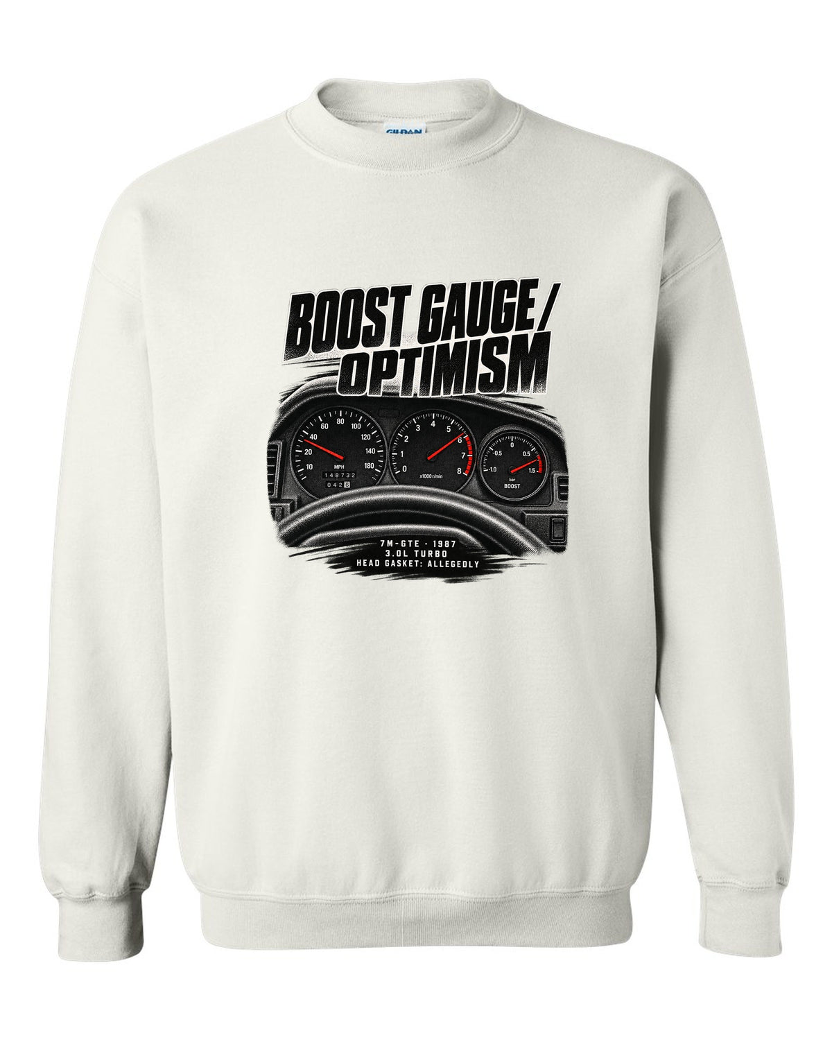 Cockpit gauge print for a Toyota Supra A70 MA70 with the text Boost Gauge Optimism 7M-GTE 1987 white crewneck front view with the design