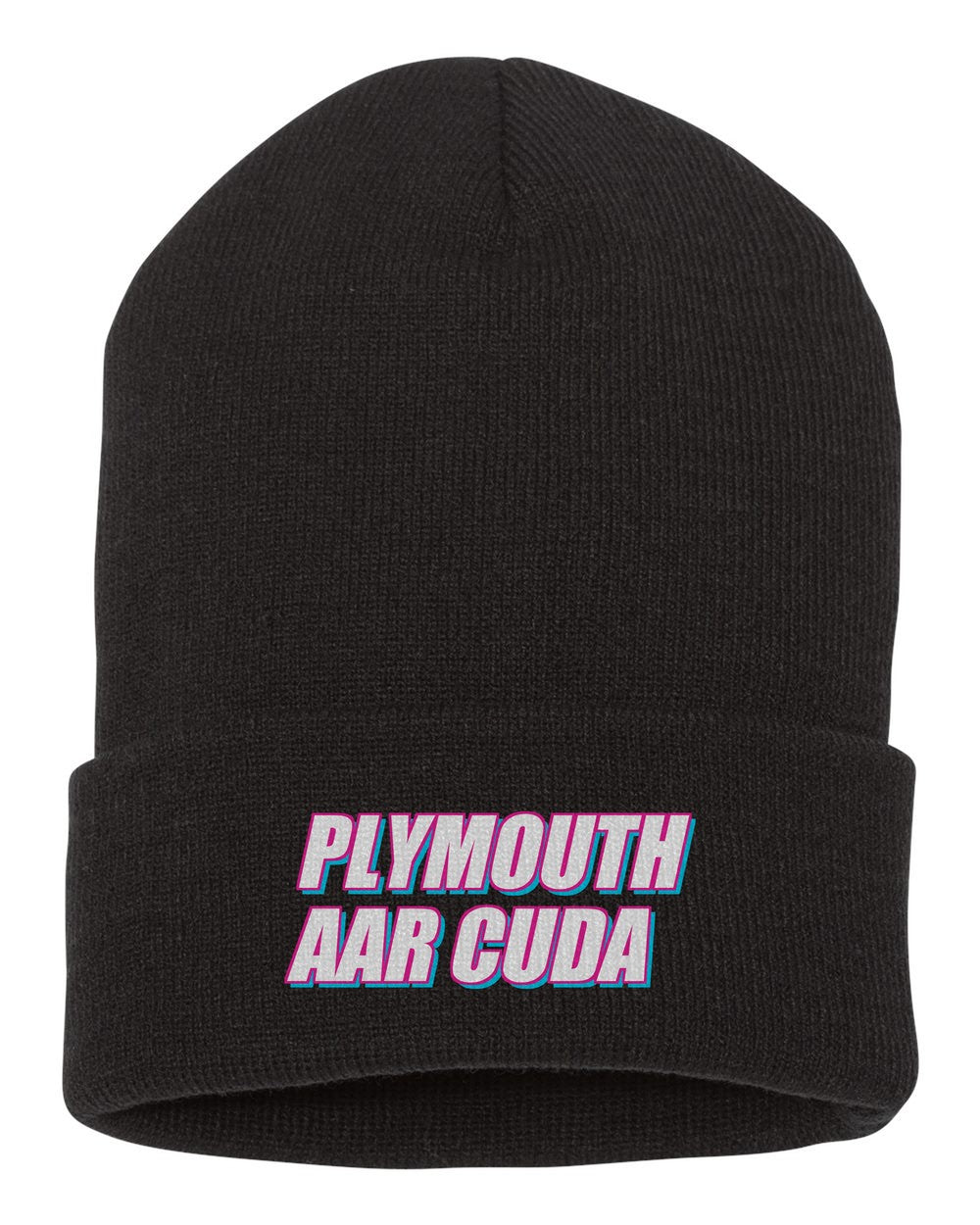 Plymouth Aar Cuda black beanie front view with car name