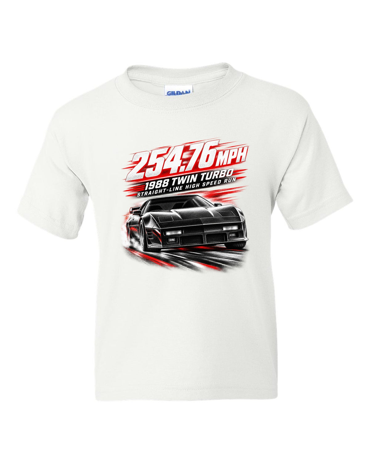 Callaway Sledgehammer 1988 twin-turbo C4 coupe race poster print 254.76 mph white kids tee front view with the design