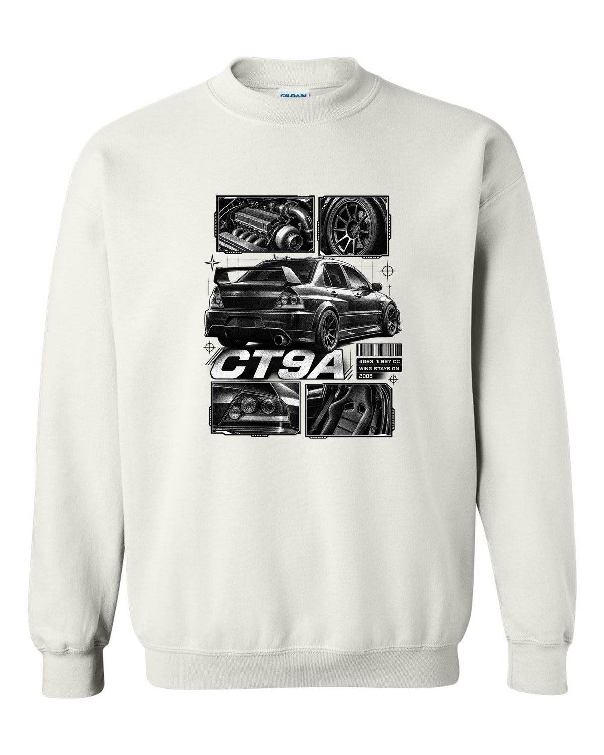 Dossier panel print of a Mitsubishi Lancer Evolution VIII IX CT9A white crewneck front view with the design