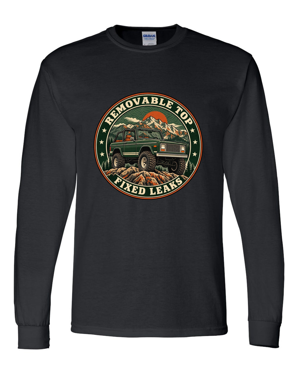 Topographic route map print for the 1973-91 Chevrolet K5 Blazer with removable top text black long sleeve front view with the design