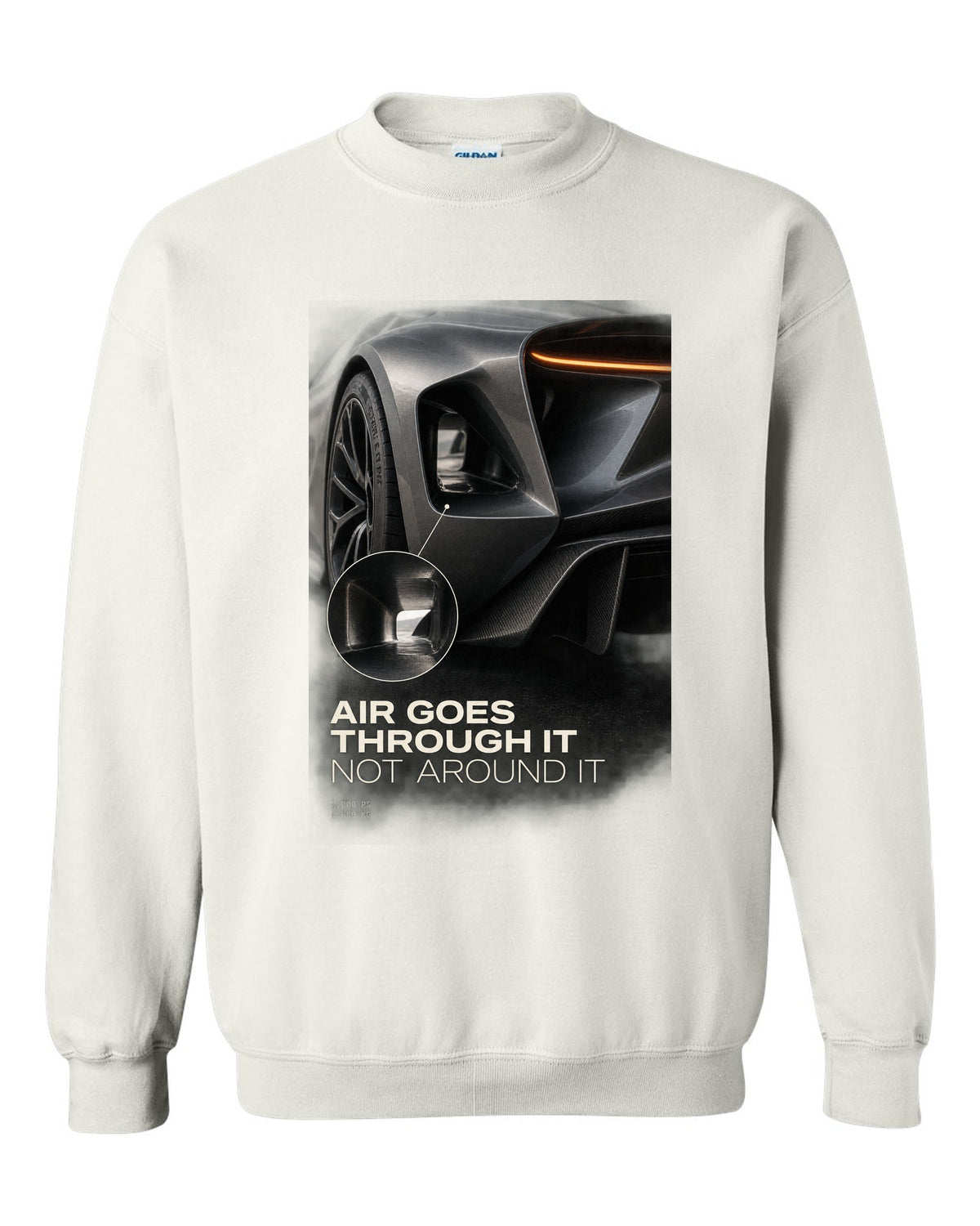 Lotus Evija rear three-quarter tunnel macro print with air goes through it text white crewneck front view with the design