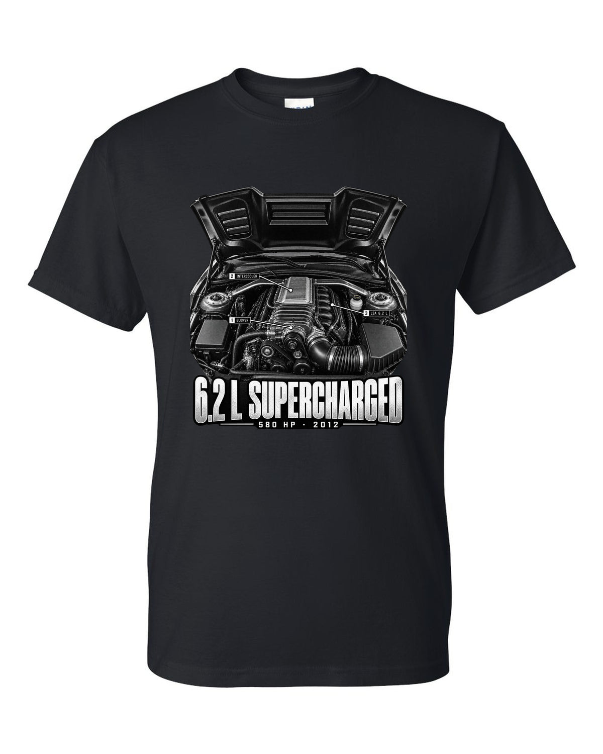 Engine hero print of a supercharged 6.2 L LSA in a 2013 Chevrolet Camaro ZL1 with numbered callouts black t-shirt front view with the design