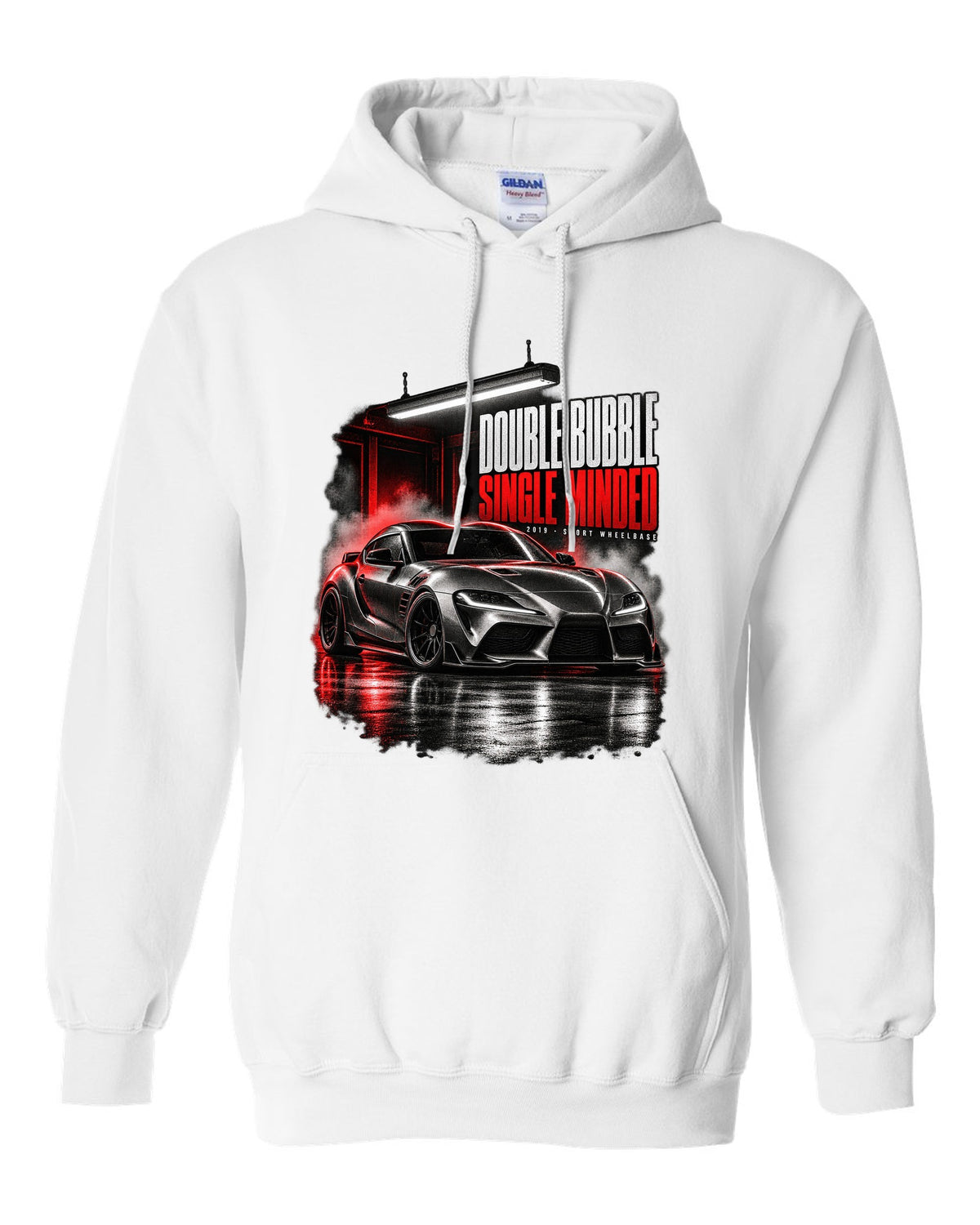 Garage night print of a Toyota GR Supra A90 with the text Double Bubble Single Minded white pull over hoodie front view with the design