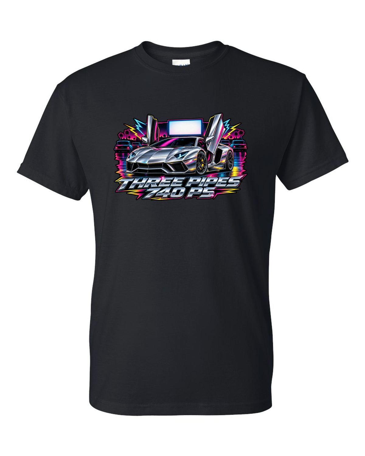 80s airbrush chrome Lamborghini Aventador S LP740-4 with the text THREE PIPES / 740 PS black t-shirt front view with the design